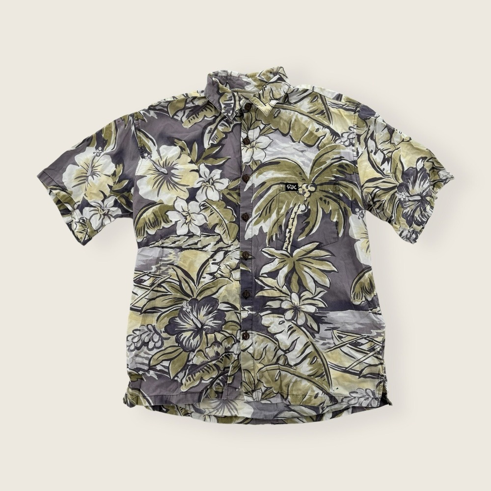 Rix Hawaiian Shirt Mens Medium Gray Button Up Floral‎ Short Sleeve Aloha